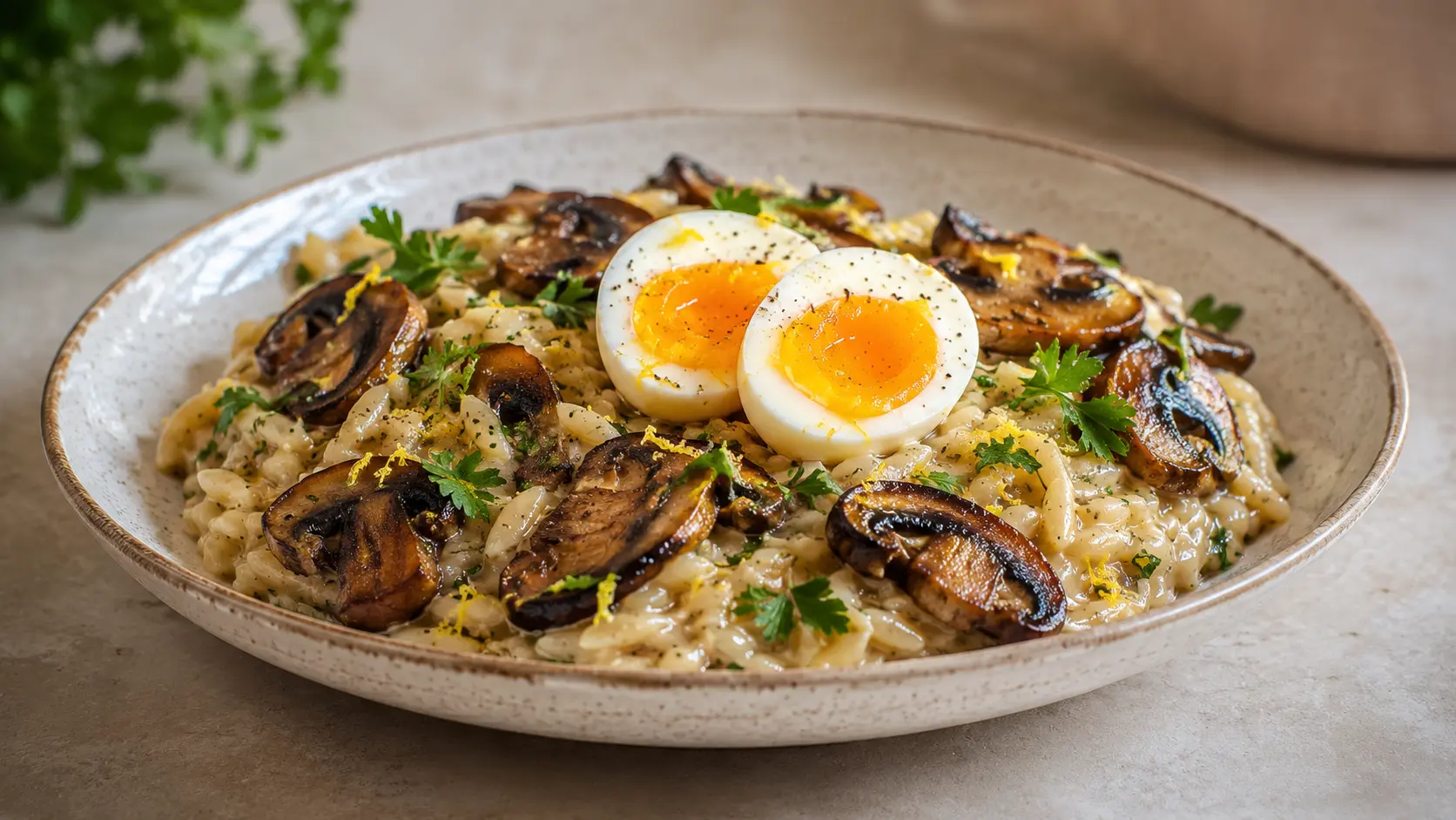 Orzo crémeux aux champignons avec œuf mollet, citron et persil